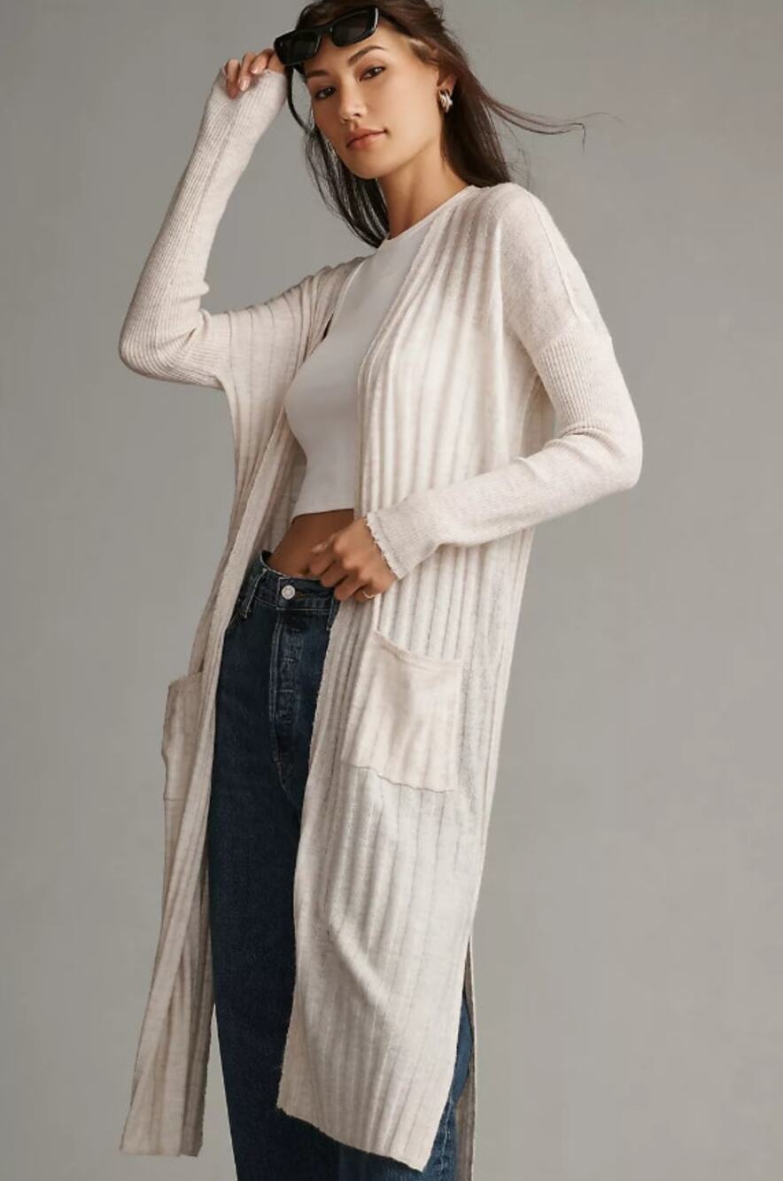 Anthropologie Pilcro Ribbed Long Duster Cardigan Cream Size M Wool Blend EUC